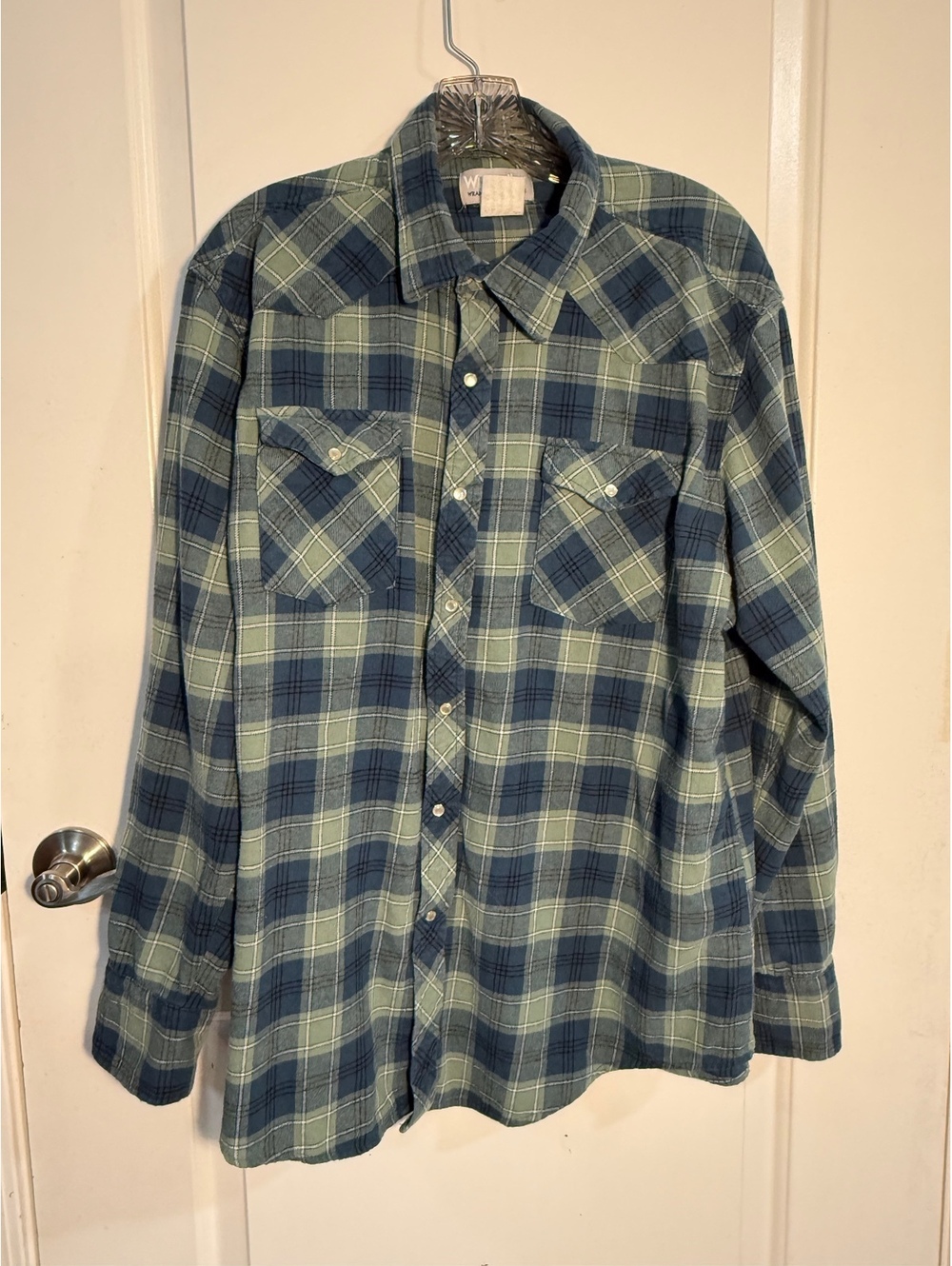 Wrangler Western Plaid Pearl Snap Shirt Mens XL Blue Green (cl2/46)